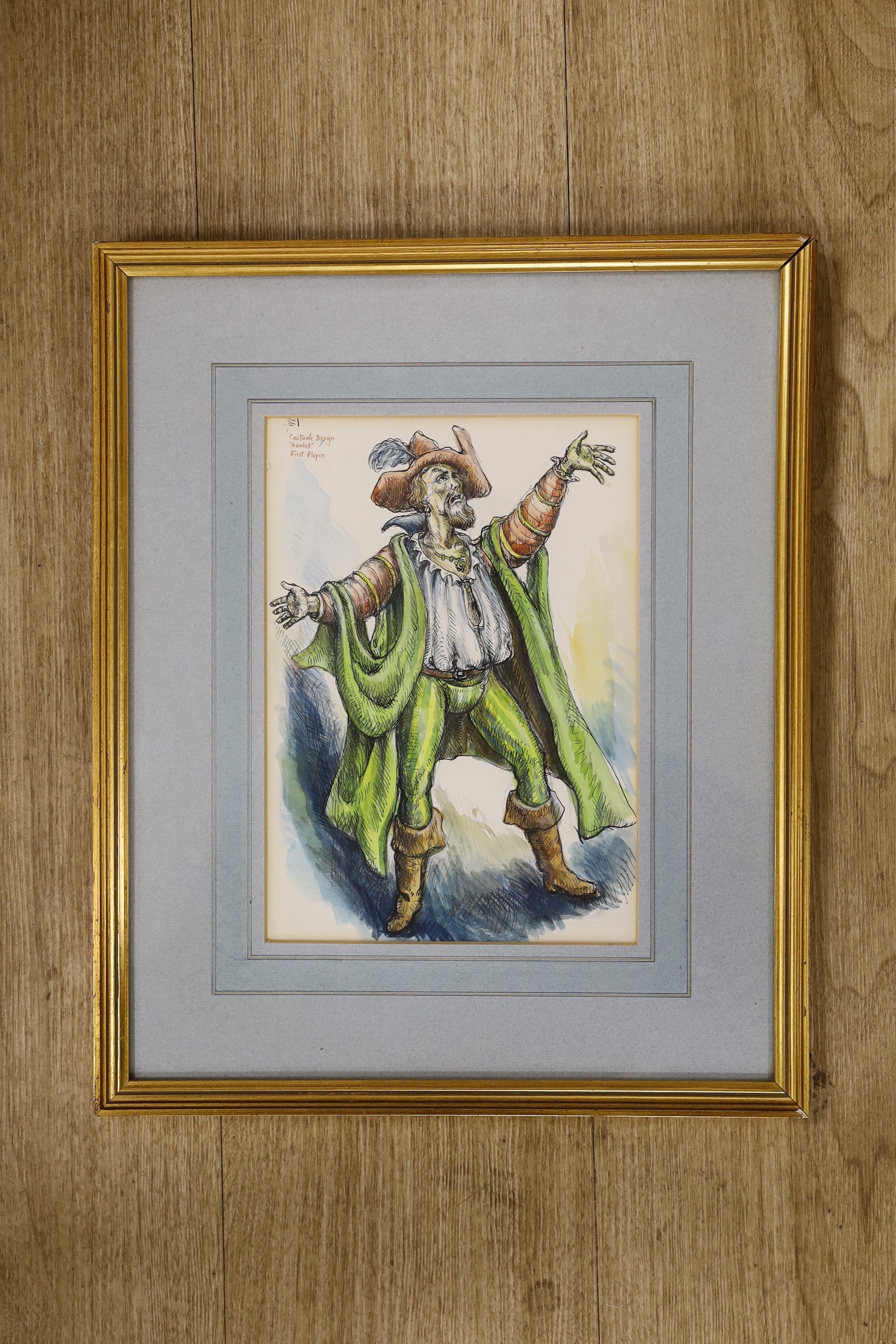 Modern British, watercolour, Costume design for 'Hamlet' First Player, 25 x 18cm